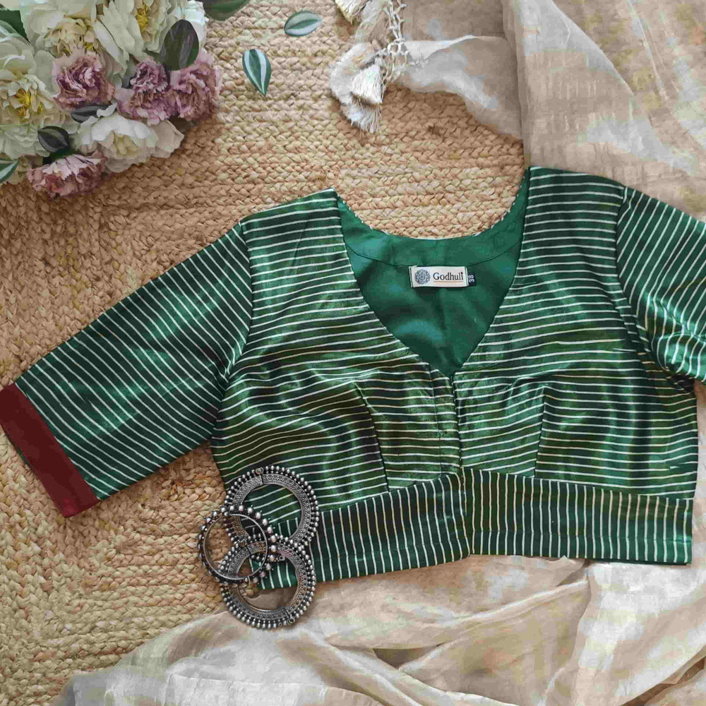 Green Gaji Silk Stripes Readymade Blouse | Godhuli