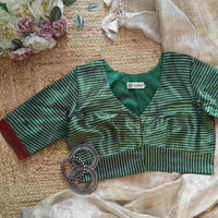 Green Gaji Silk Stripes Readymade Blouse | Godhuli
