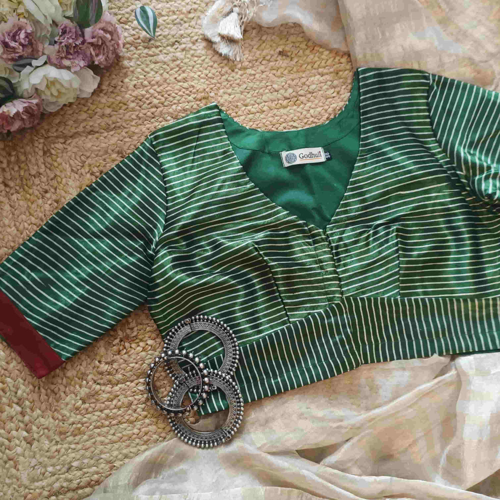 Green Gaji Silk Stripes Readymade Blouse | Godhuli