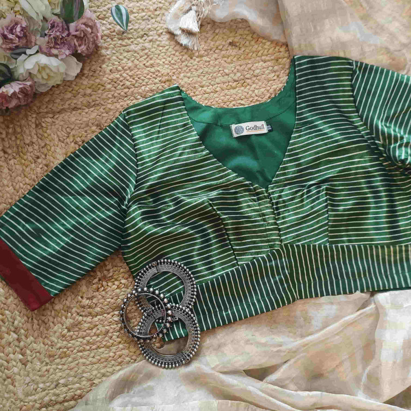 Green Gaji Silk Stripes Readymade Blouse | Godhuli