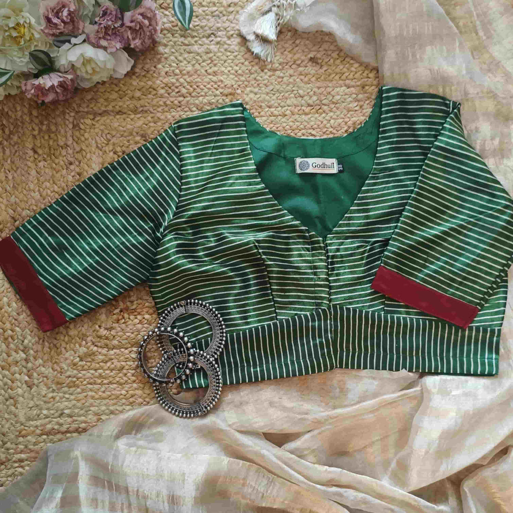 Green Gaji Silk Stripes Readymade Blouse | Godhuli