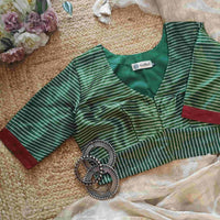 Green Gaji Silk Stripes Readymade Blouse | Godhuli