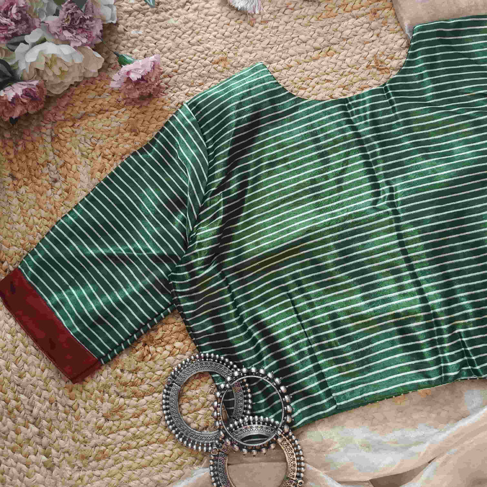 Green Gaji Silk Stripes Readymade Blouse | Godhuli