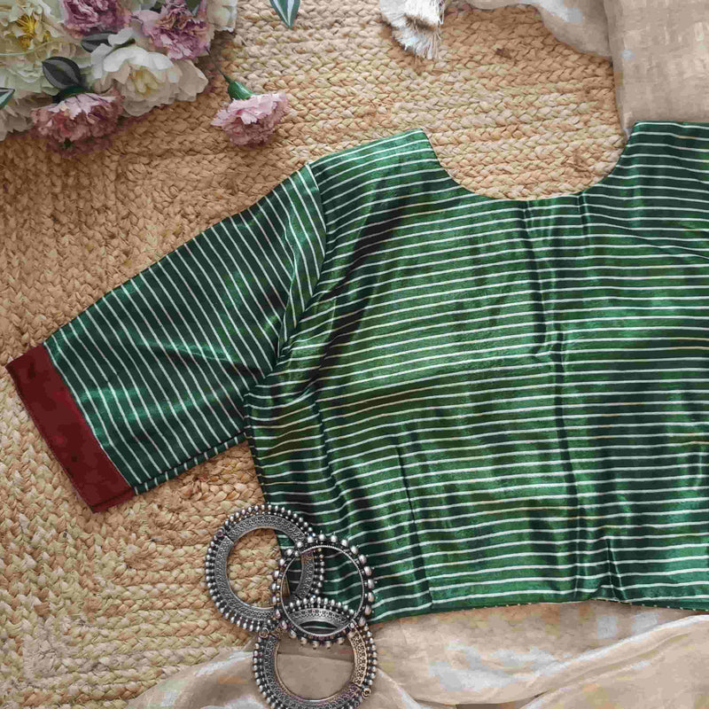 Green Gaji Silk Stripes Readymade Blouse | Godhuli