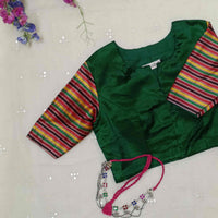Green Handwoven Gaji Silk Readymade Blouse with Multicoloured Stripes Sleeves | Godhuli