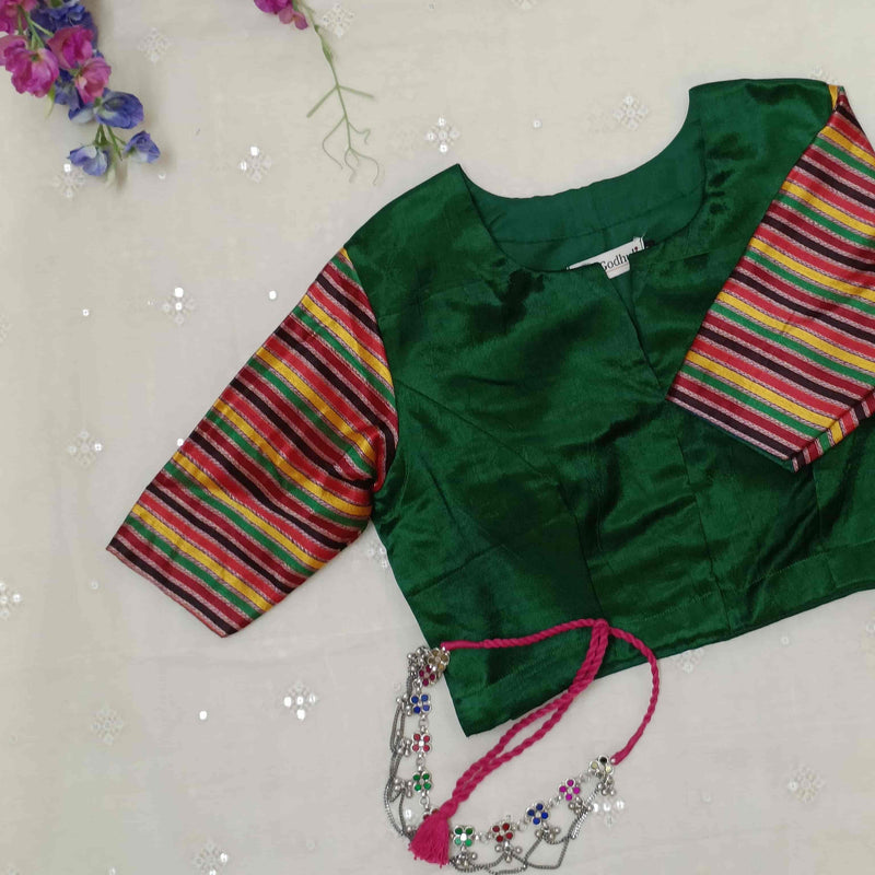 Green Handwoven Gaji Silk Readymade Blouse with Multicoloured Stripes Sleeves | Godhuli