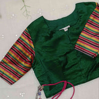 Green Handwoven Gaji Silk Readymade Blouse with Multicoloured Stripes Sleeves | Godhuli