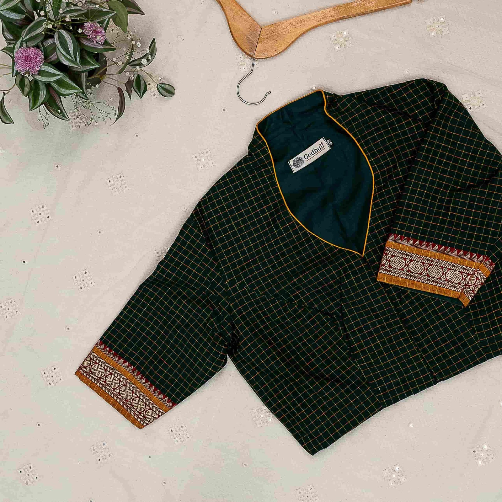 Green Two Tone Checkered Readymade Blouse | Godhuli