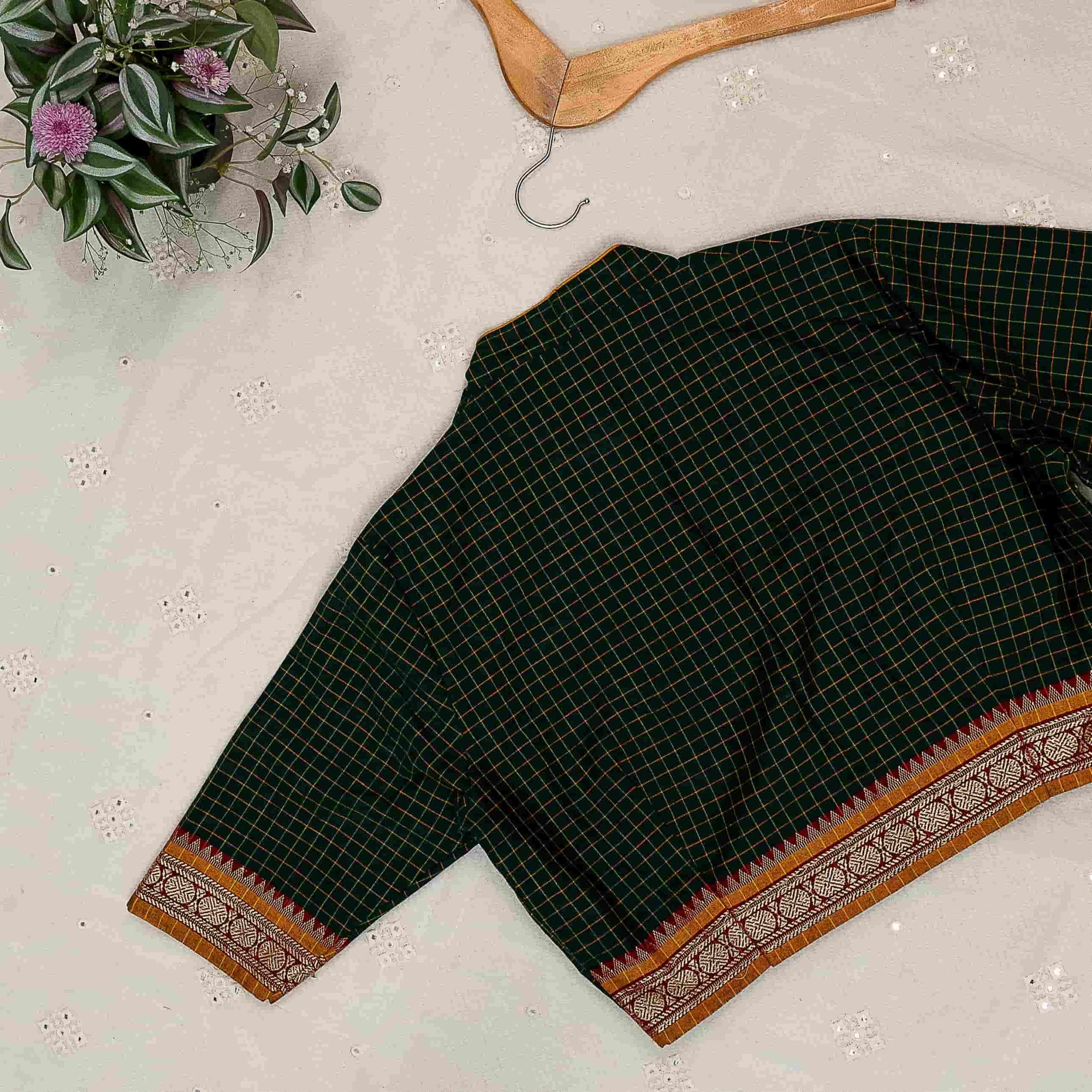 Green Two Tone Checkered Readymade Blouse | Godhuli