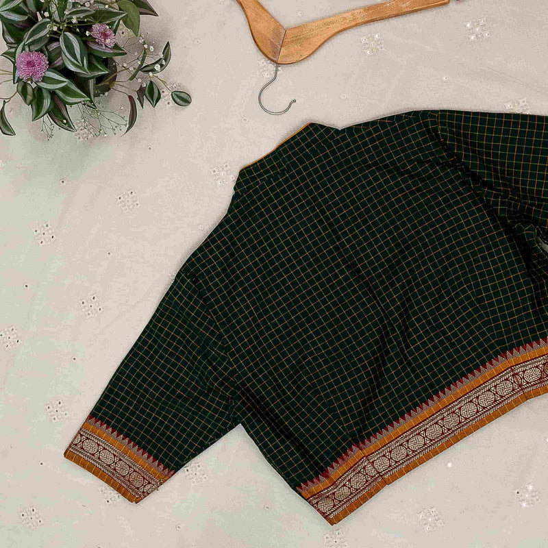 Green Two Tone Checkered Readymade Blouse | Godhuli