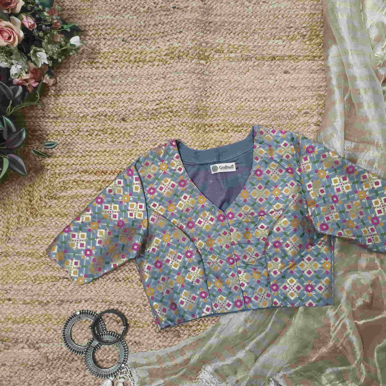 Grey Patola Motif Banarasi Brocade Readymade Blouse | Godhuli