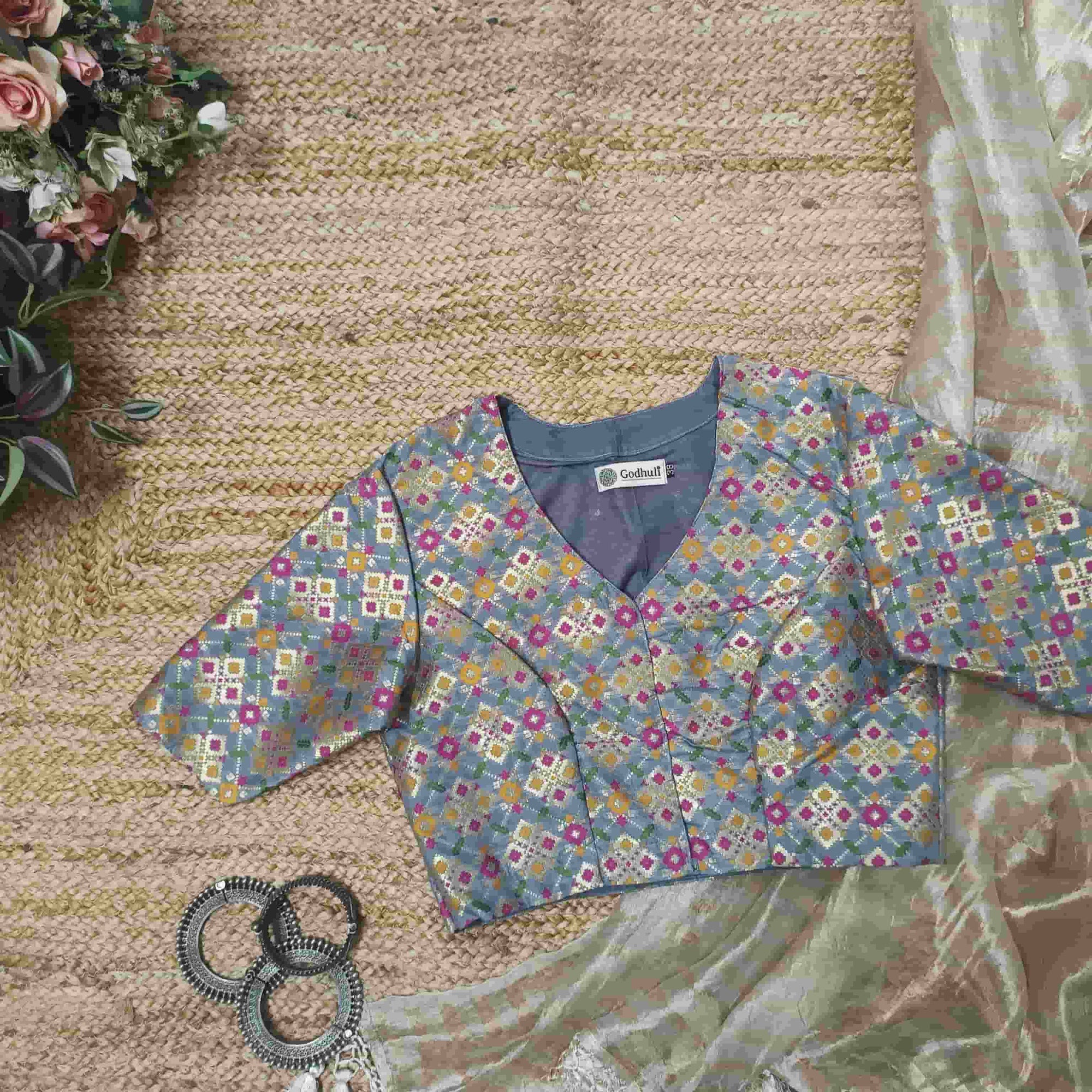 Grey Patola Motif Banarasi Brocade Readymade Blouse | Godhuli