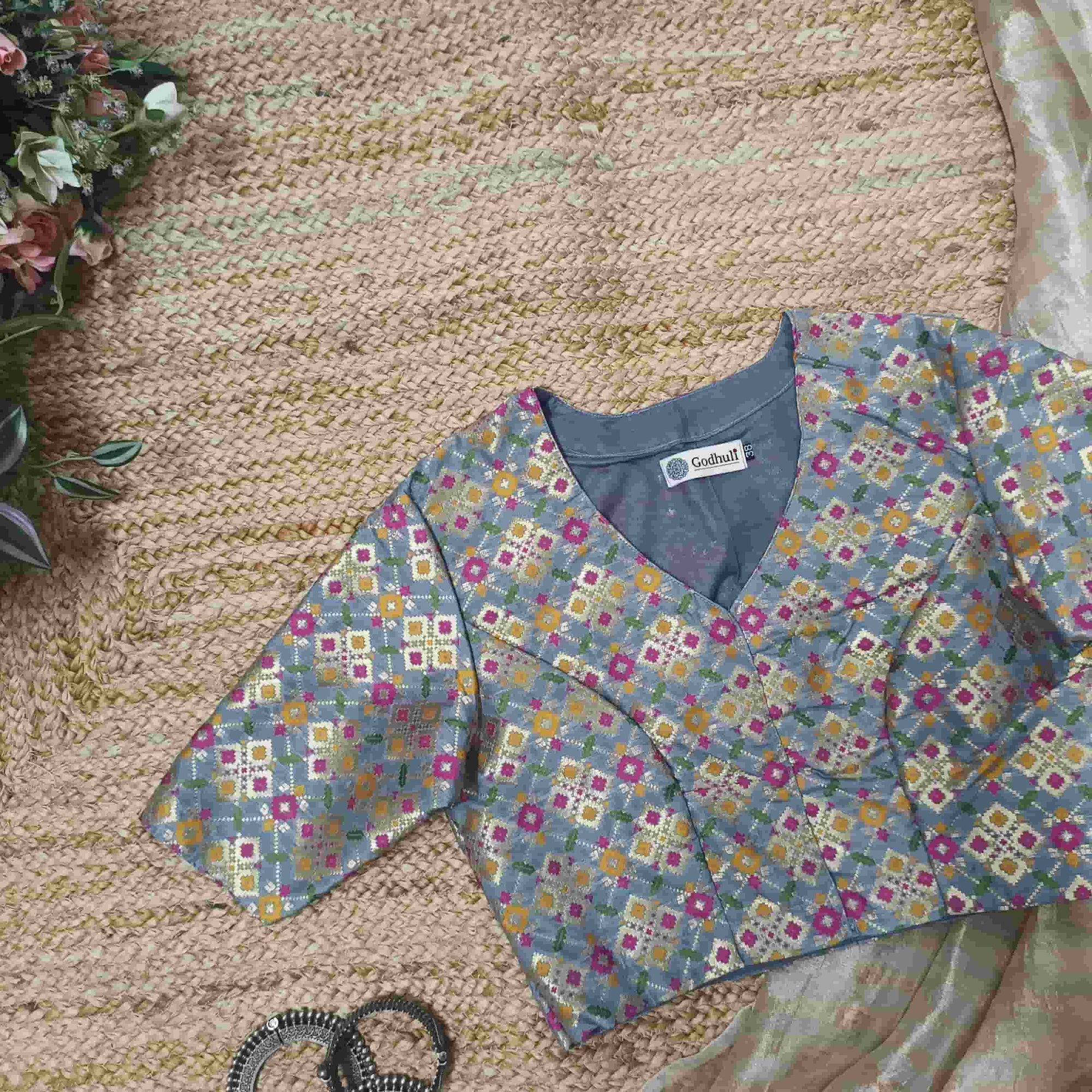 Grey Patola Motif Banarasi Brocade Readymade Blouse | Godhuli