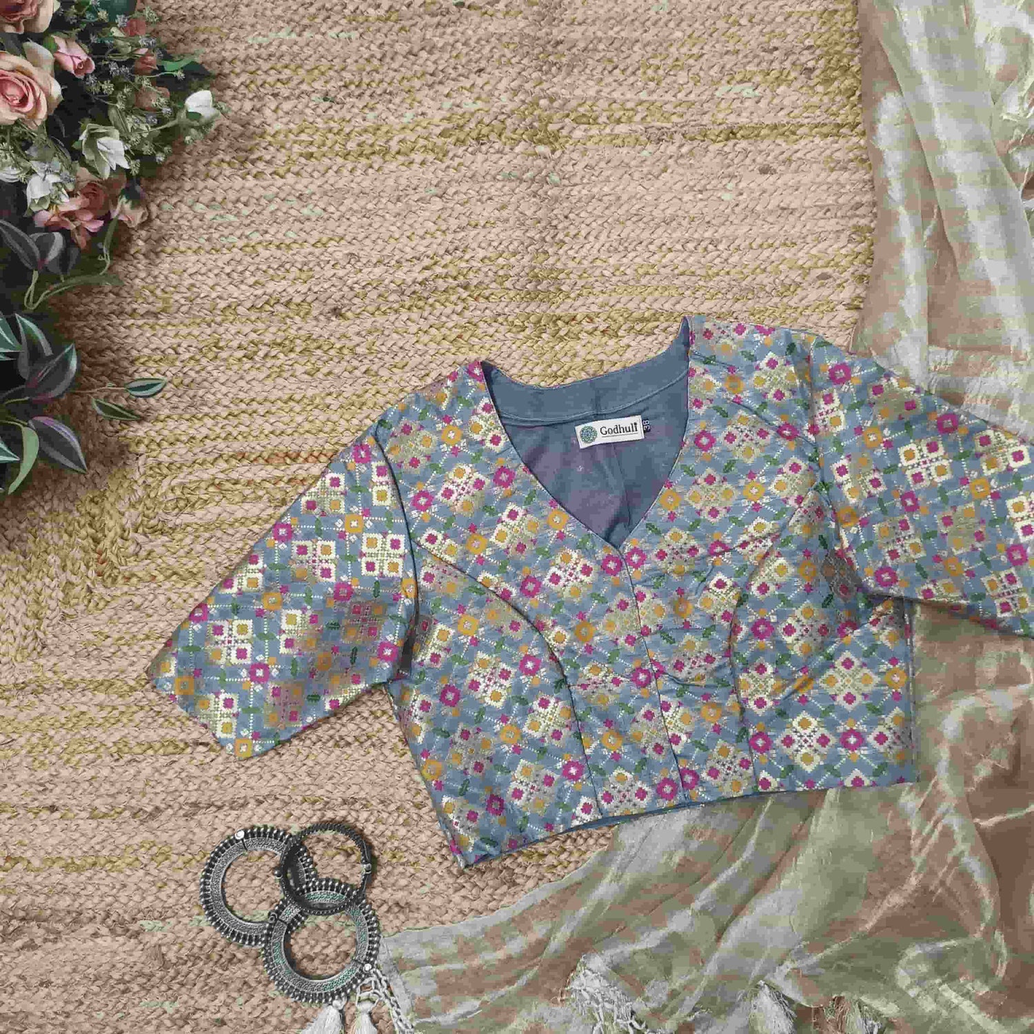 Grey Patola Motif Banarasi Brocade Readymade Blouse | Godhuli