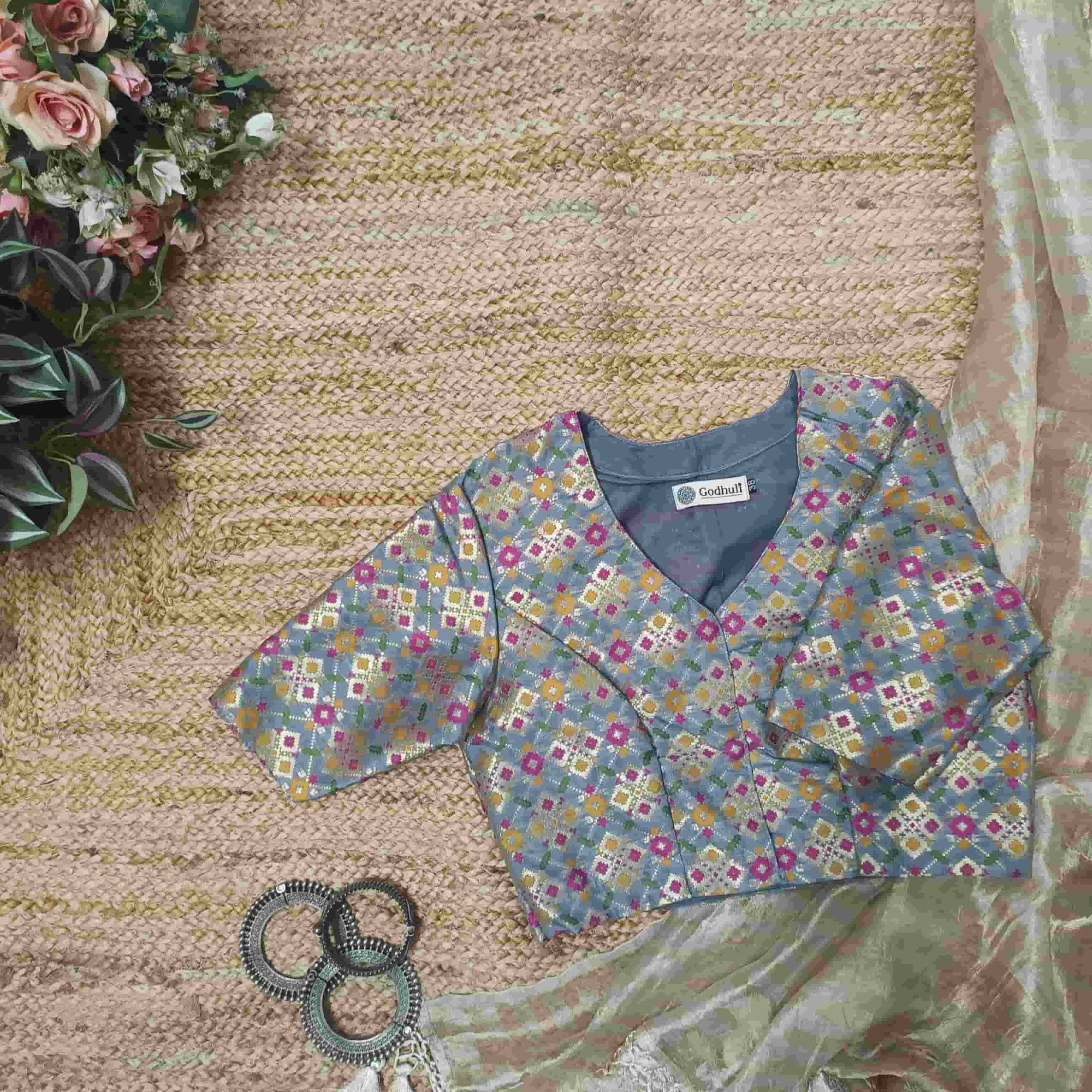 Grey Patola Motif Banarasi Brocade Readymade Blouse | Godhuli