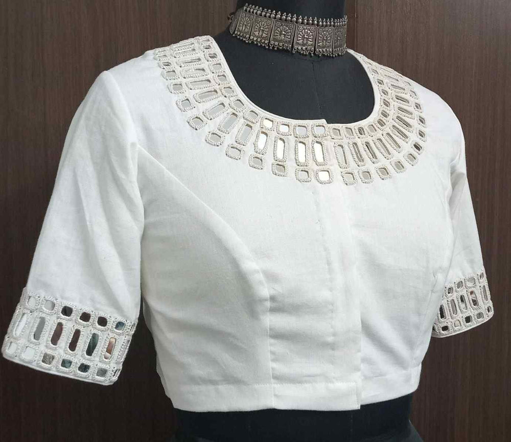 Handcrafted Ivory Mirror Work Readymade Blouse | Godhuli