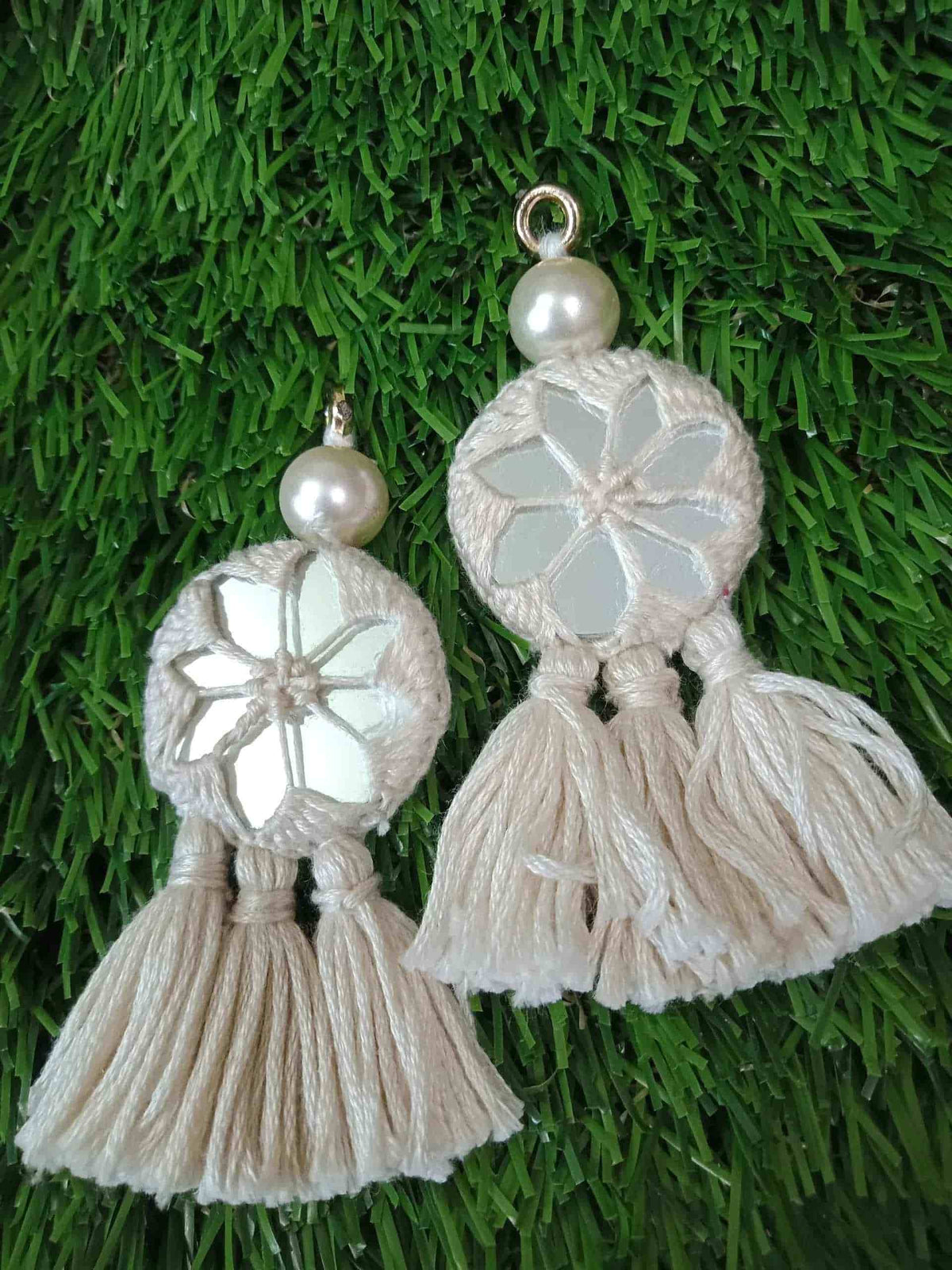 Buy Handmade Mirrorwork Ivory Tassels | Godhuli