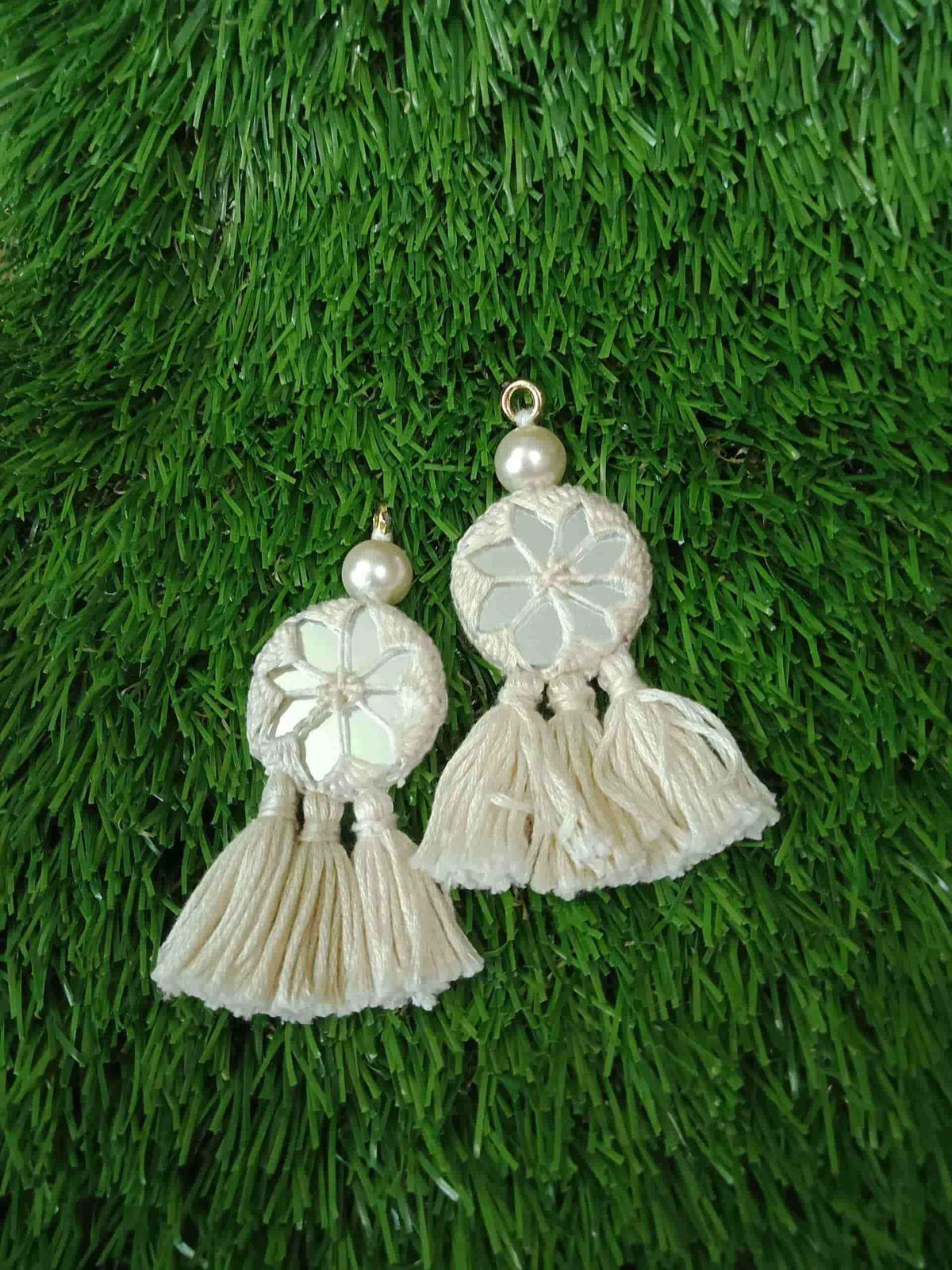 Buy Handmade Mirrorwork Ivory Tassels | Godhuli