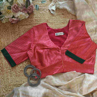 Hot Pink Gaji Silk Stripes Readymade Blouse | Godhuli