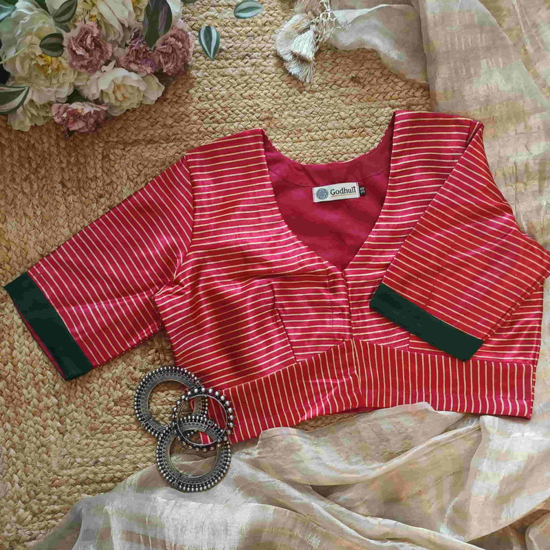 Hot Pink Gaji Silk Stripes Readymade Blouse | Godhuli