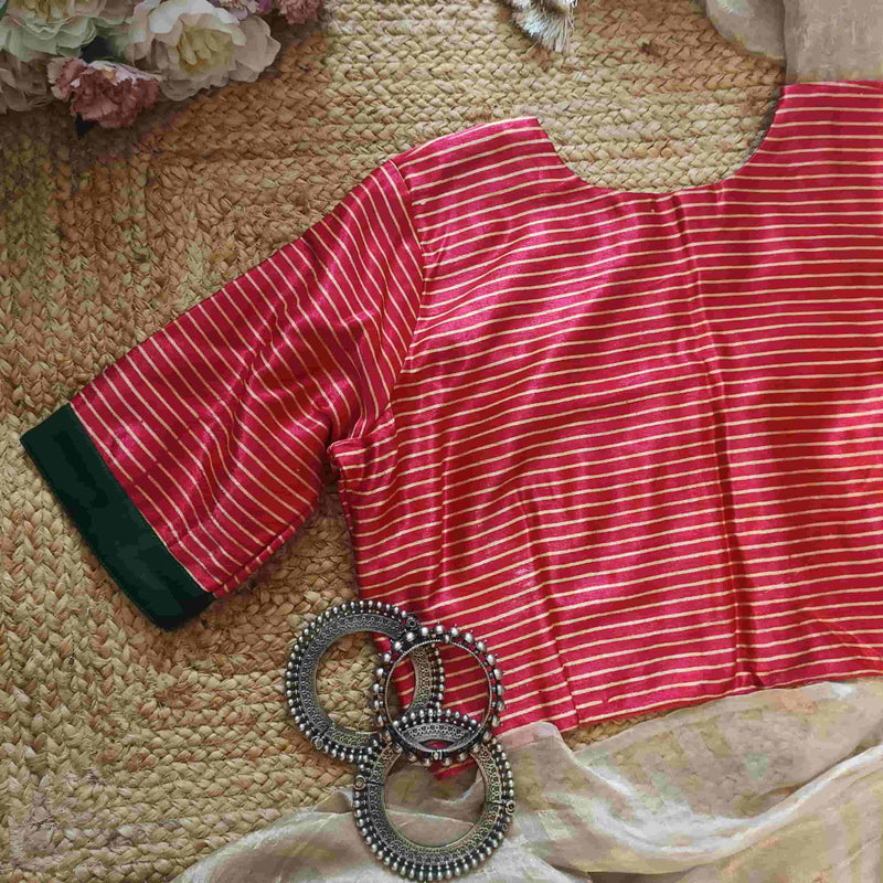 Hot Pink Gaji Silk Stripes Readymade Blouse | Godhuli