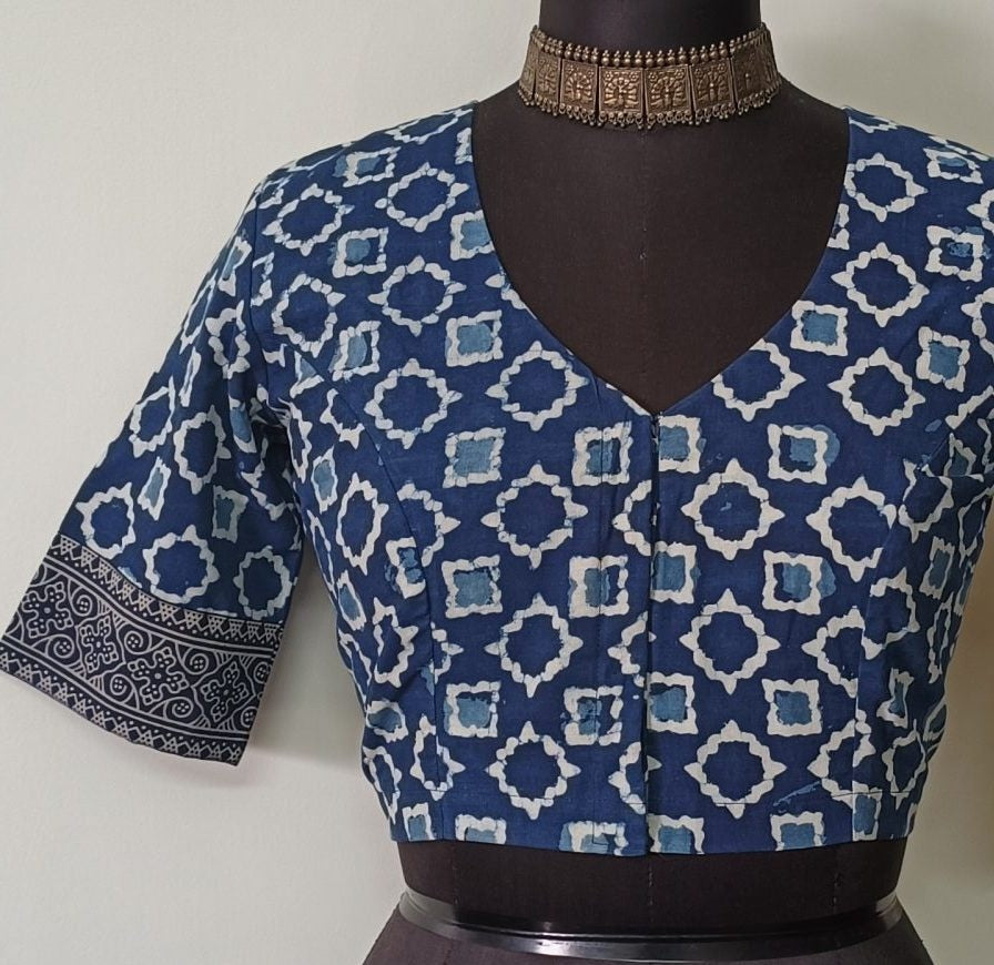 Dabu Indigo Mughal Print Readymade Blouse | Godhuli