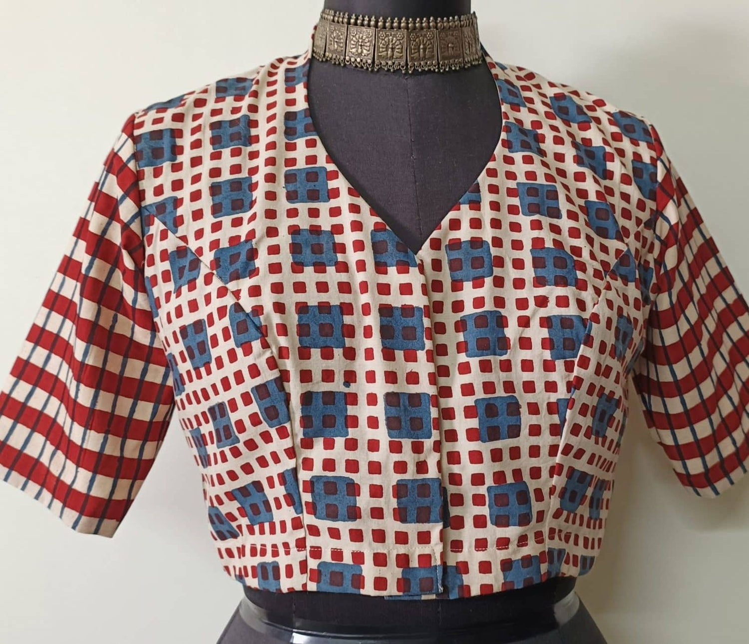 Buy Maroon Dabu Blouse with Checkered Patchwork Sleeves | Godhuli