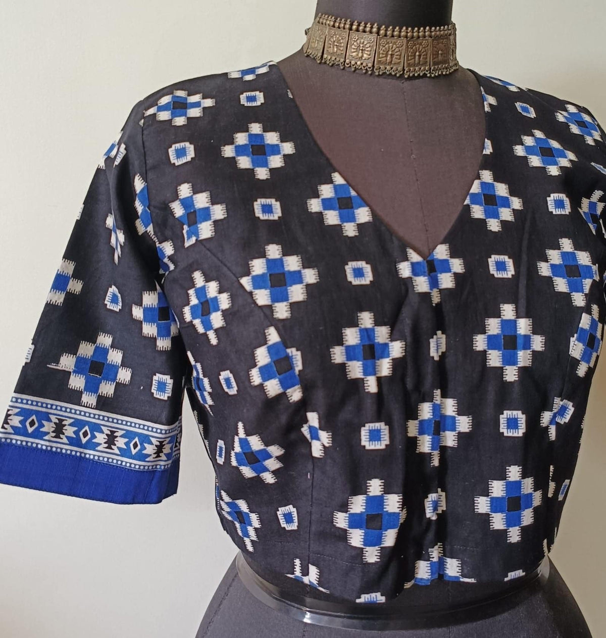 Black Blue Geometric Print Readymade Blouse | Godhuli