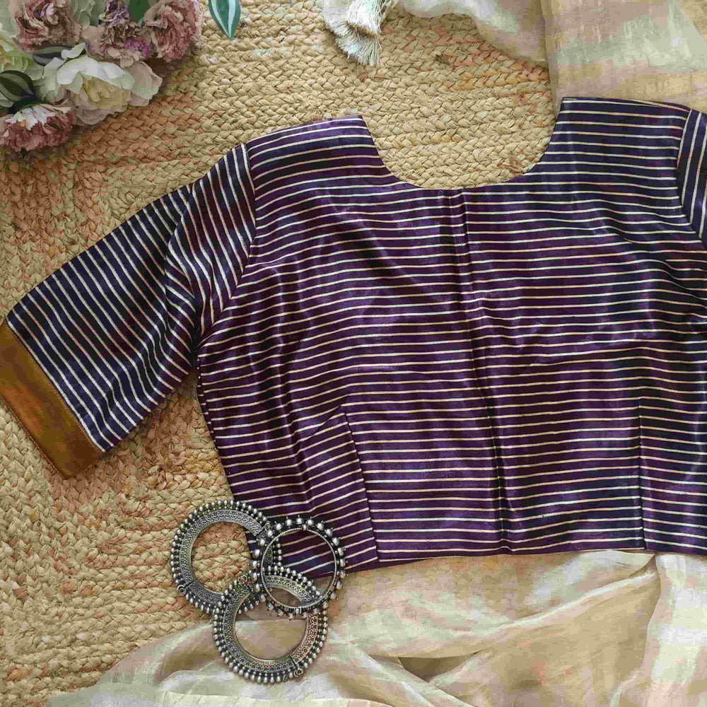 Purple Wine Gaji Silk Stripes Readymade Blouse | Godhuli