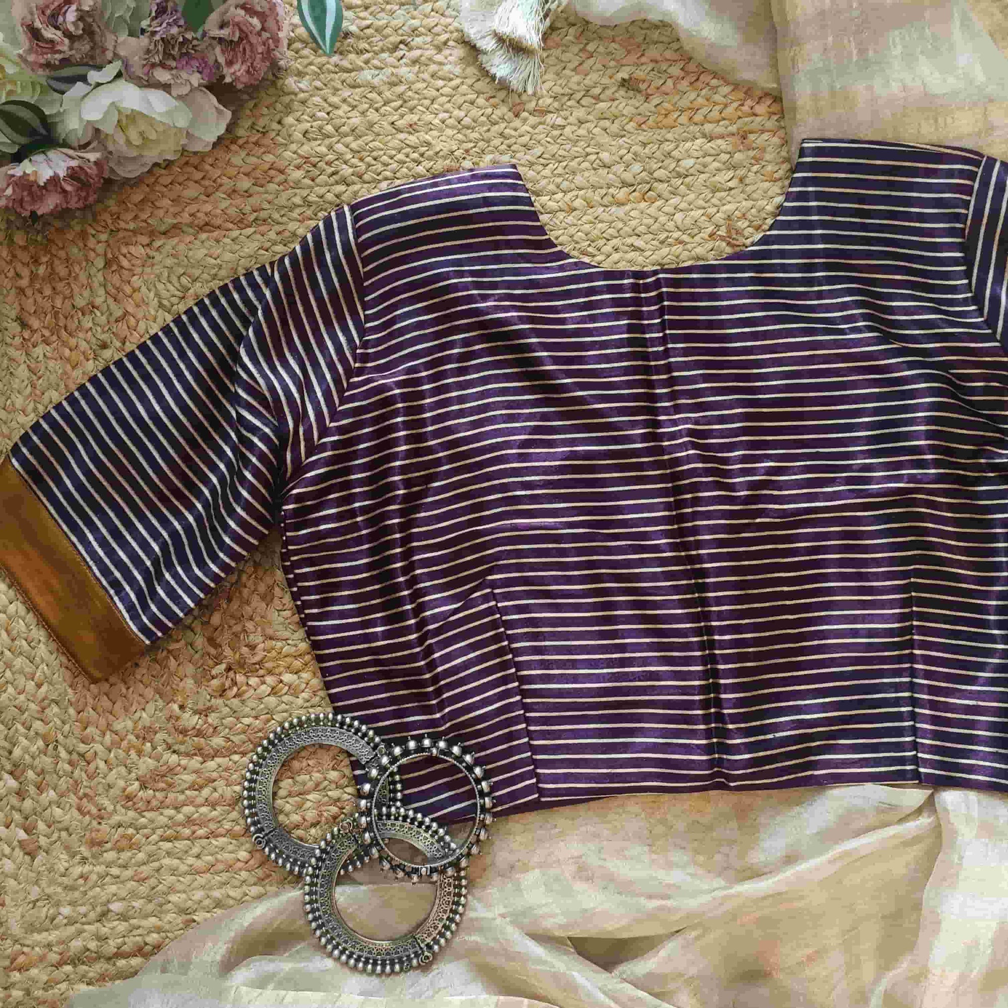 Purple Wine Gaji Silk Stripes Readymade Blouse | Godhuli