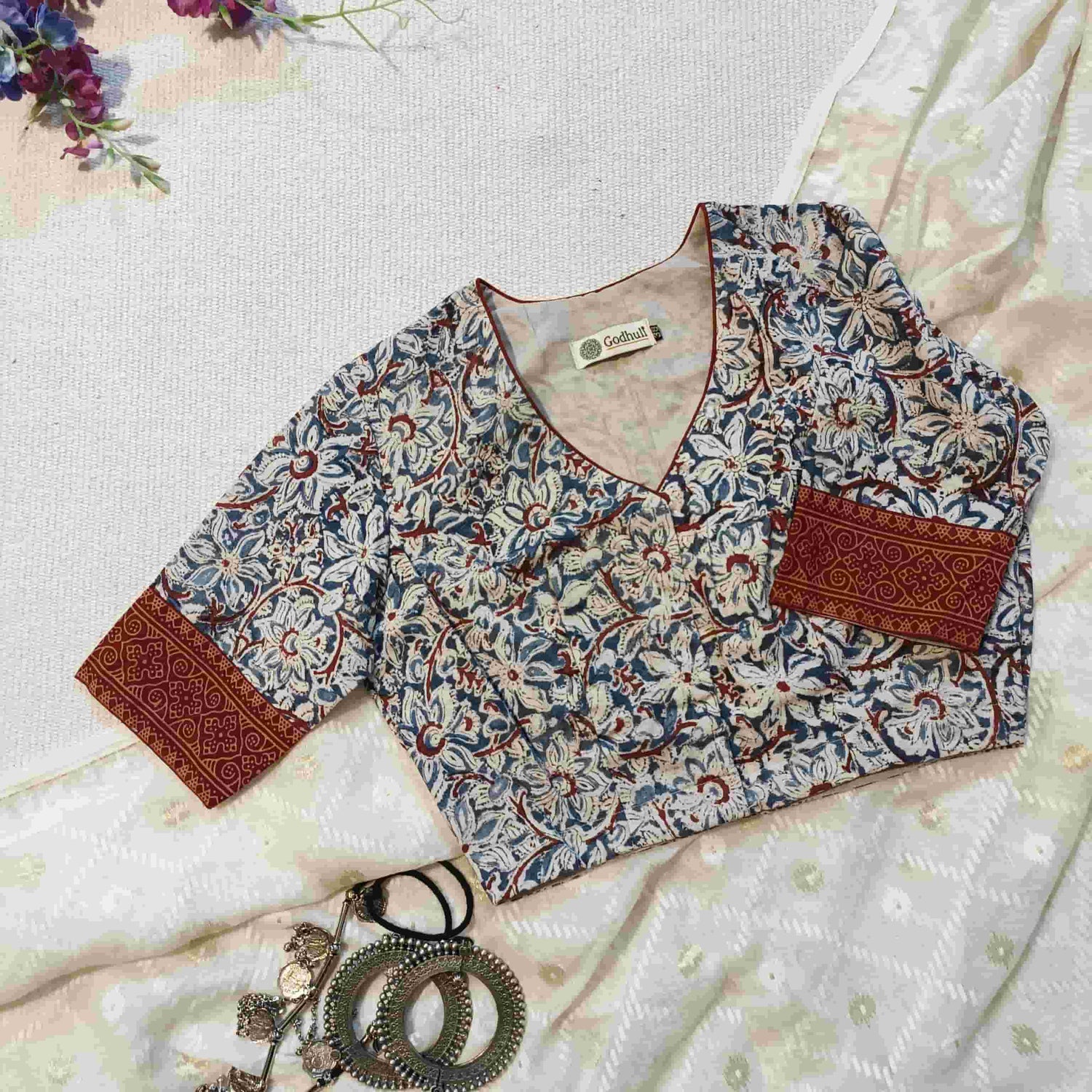 Indigo Blue Kalamkari Readymade Blouse | Godhuli