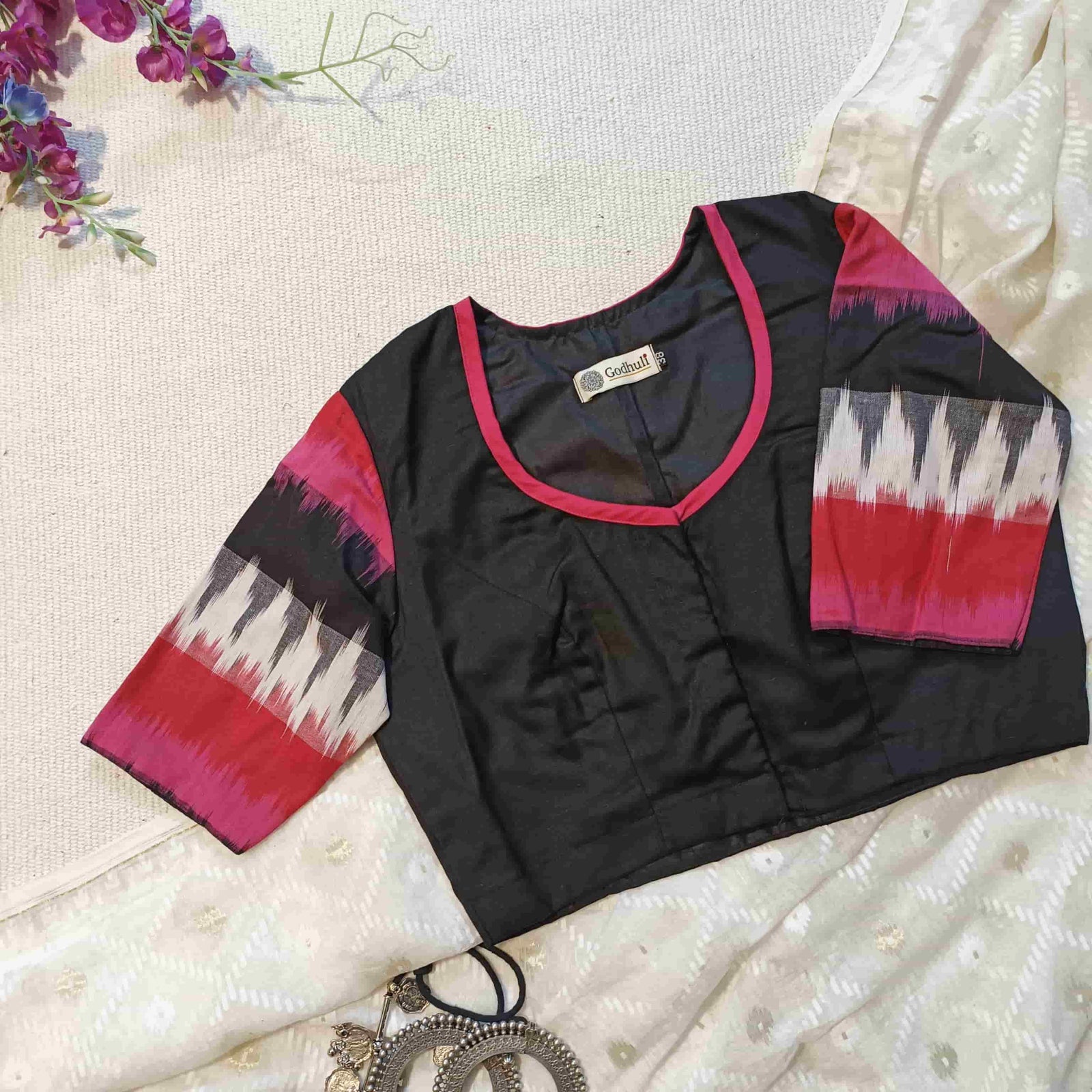 Black Blouse with Pink Red Ikat Readymade Blouse | Godhuli