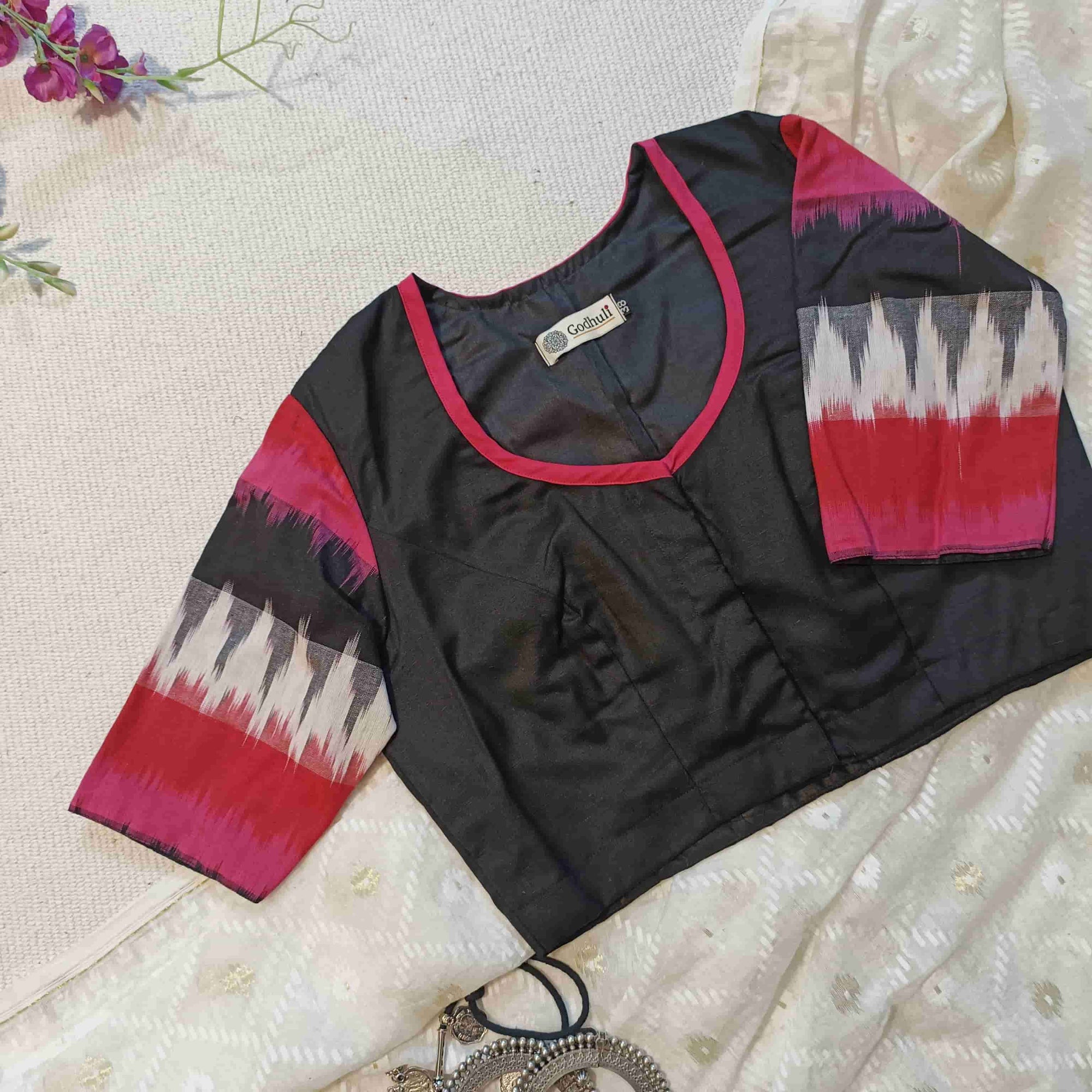 Black Blouse with Pink Red Ikat Readymade Blouse | Godhuli