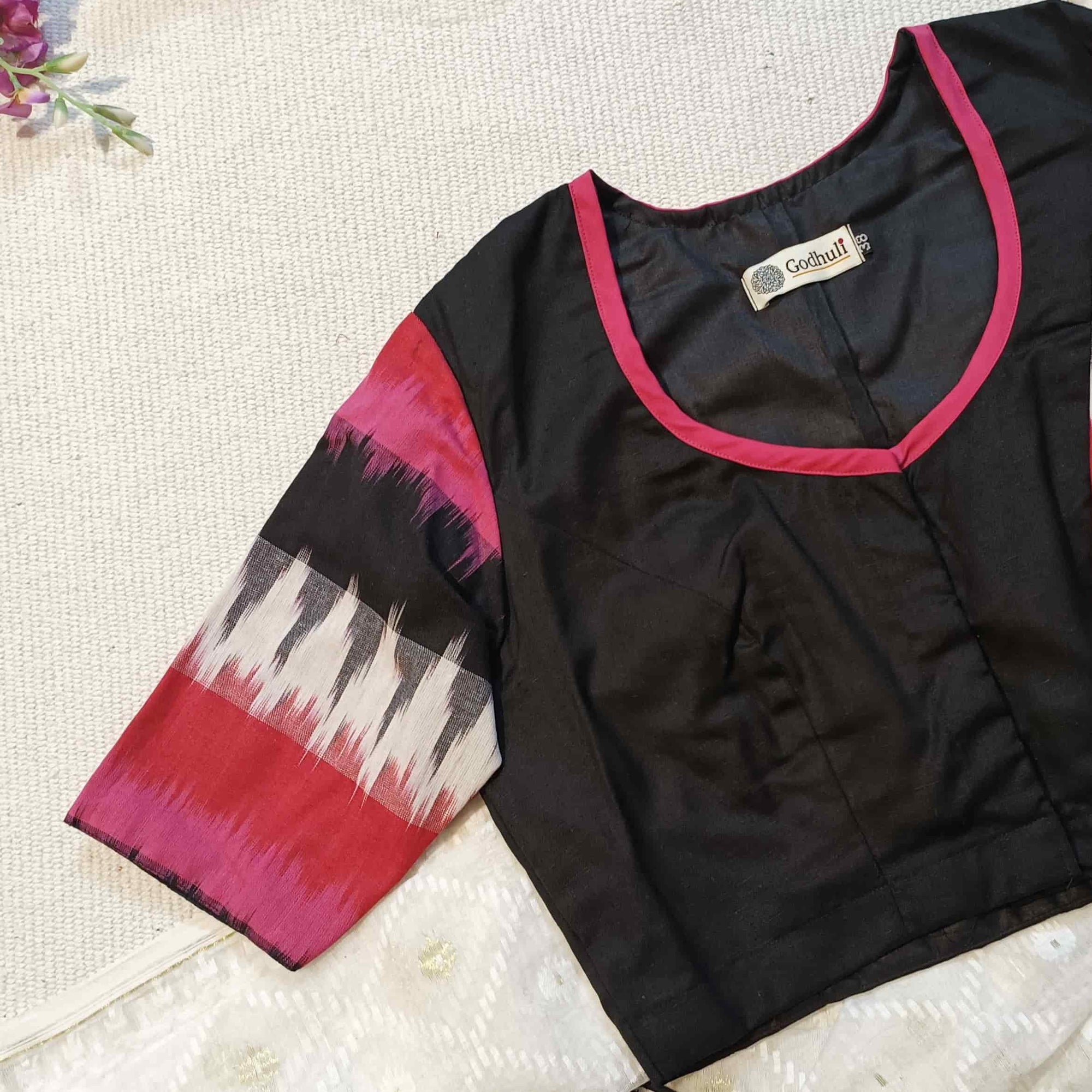 Black Blouse with Pink Red Ikat Readymade Blouse | Godhuli