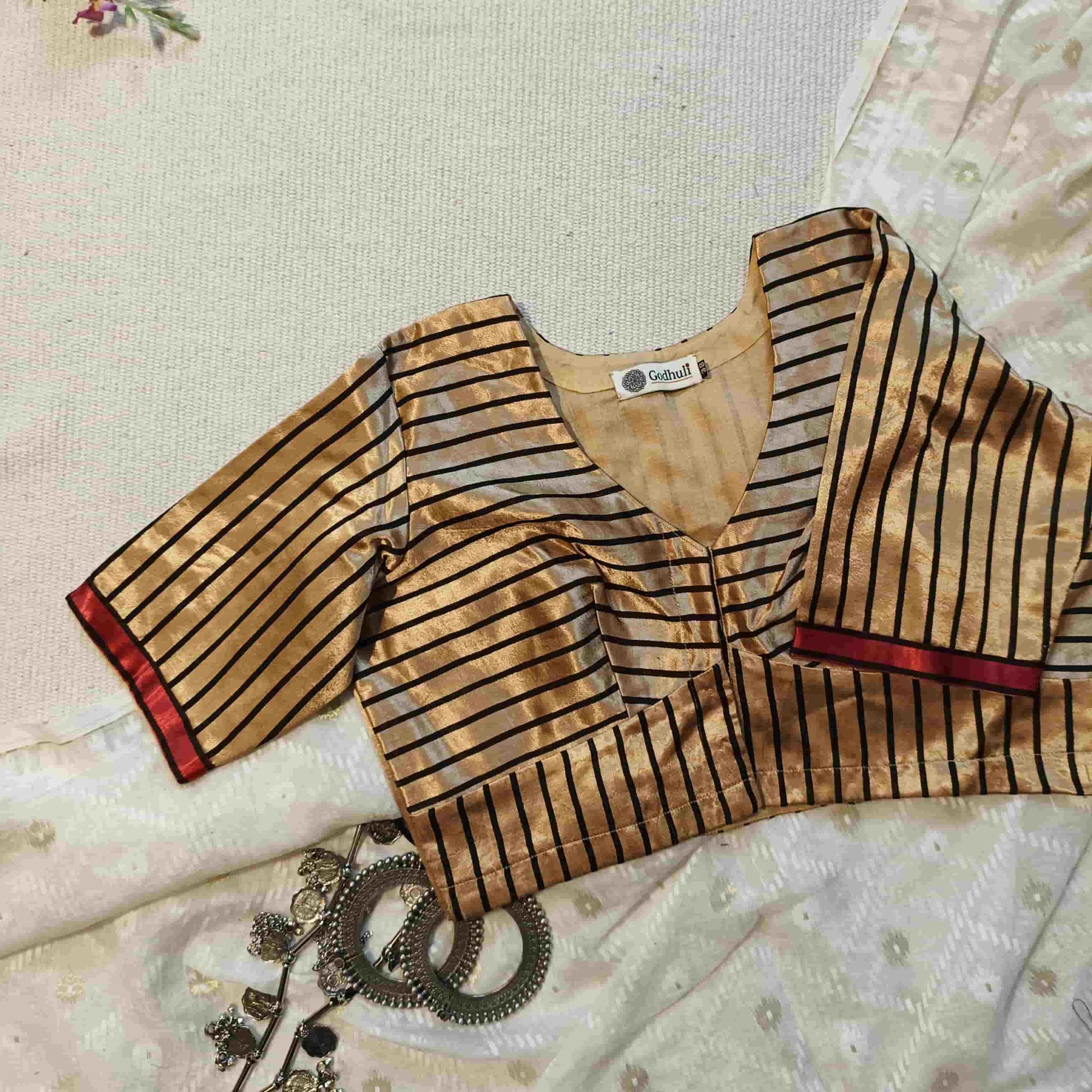 Beige Gaji Silk Stripes Readymade Blouse | Godhuli