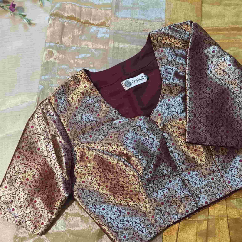 Wine Golden Banarasi Brocade Readymade Blouse | Godhuli
