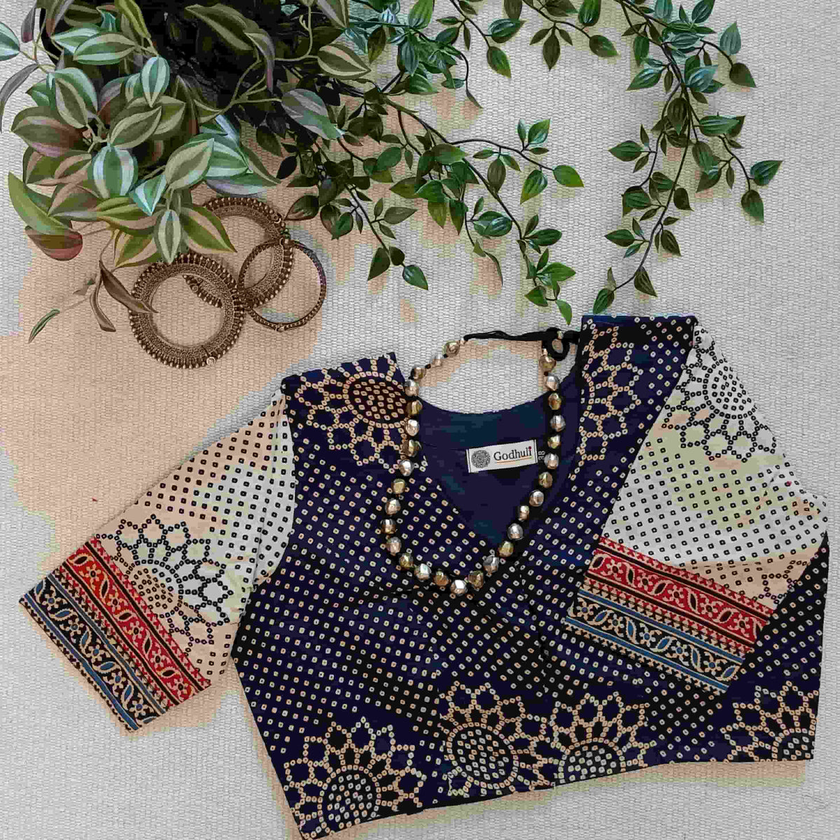 Indigo Beige Bandhani Print Gamathi Readymade Blouse | Godhuli