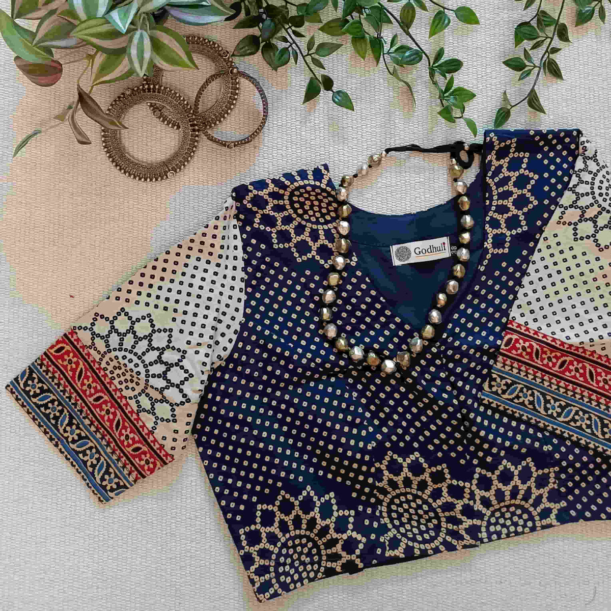 Indigo Beige Bandhani Print Gamathi Readymade Blouse | Godhuli