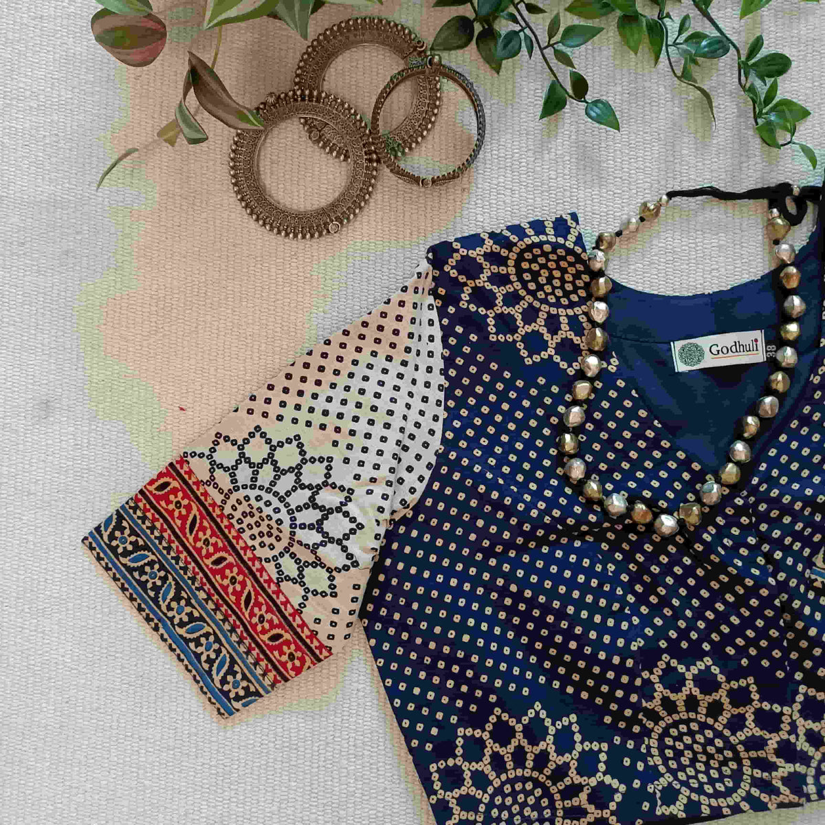 Indigo Beige Bandhani Print Gamathi Readymade Blouse | Godhuli