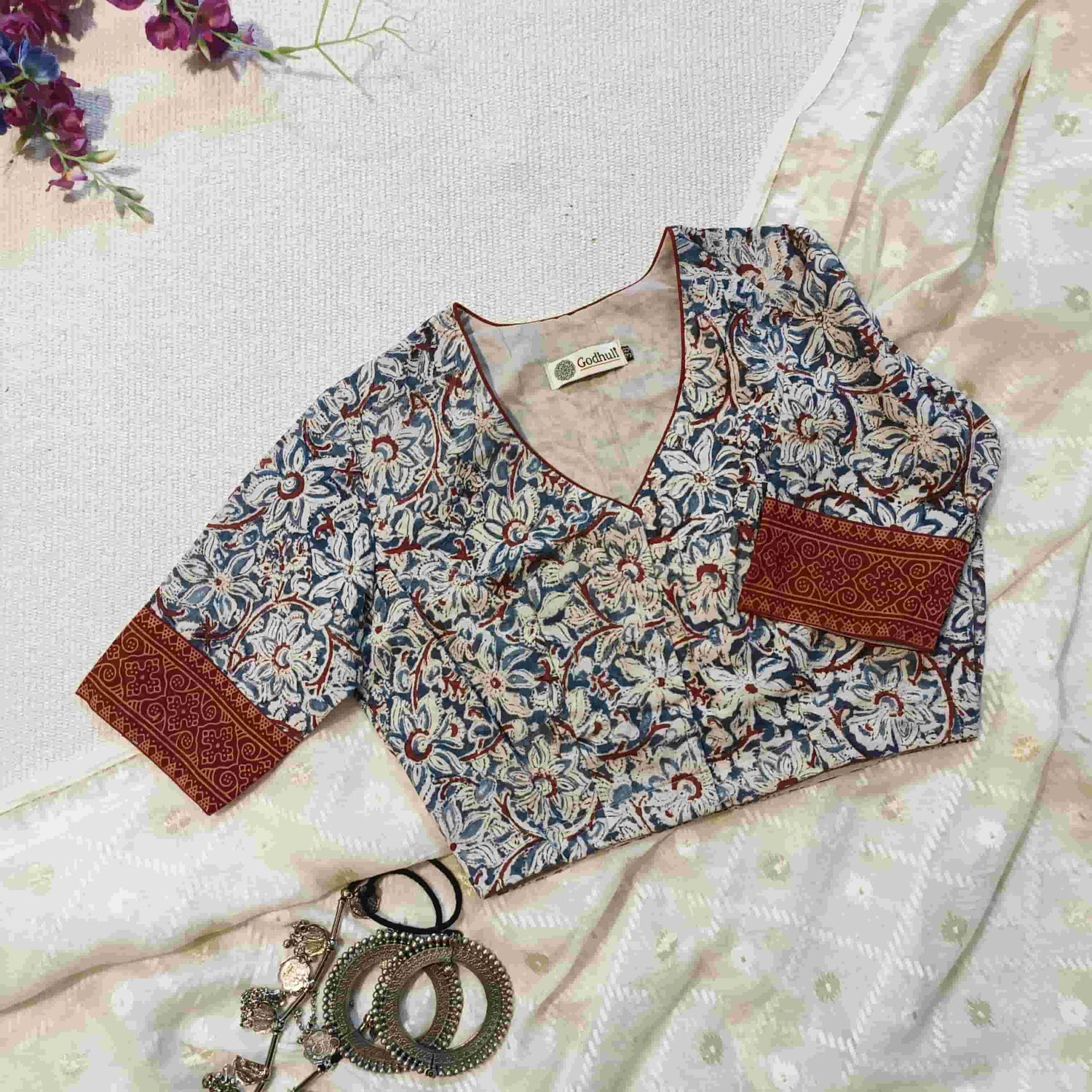 Indigo Blue Kalamkari Readymade Blouse | Godhuli