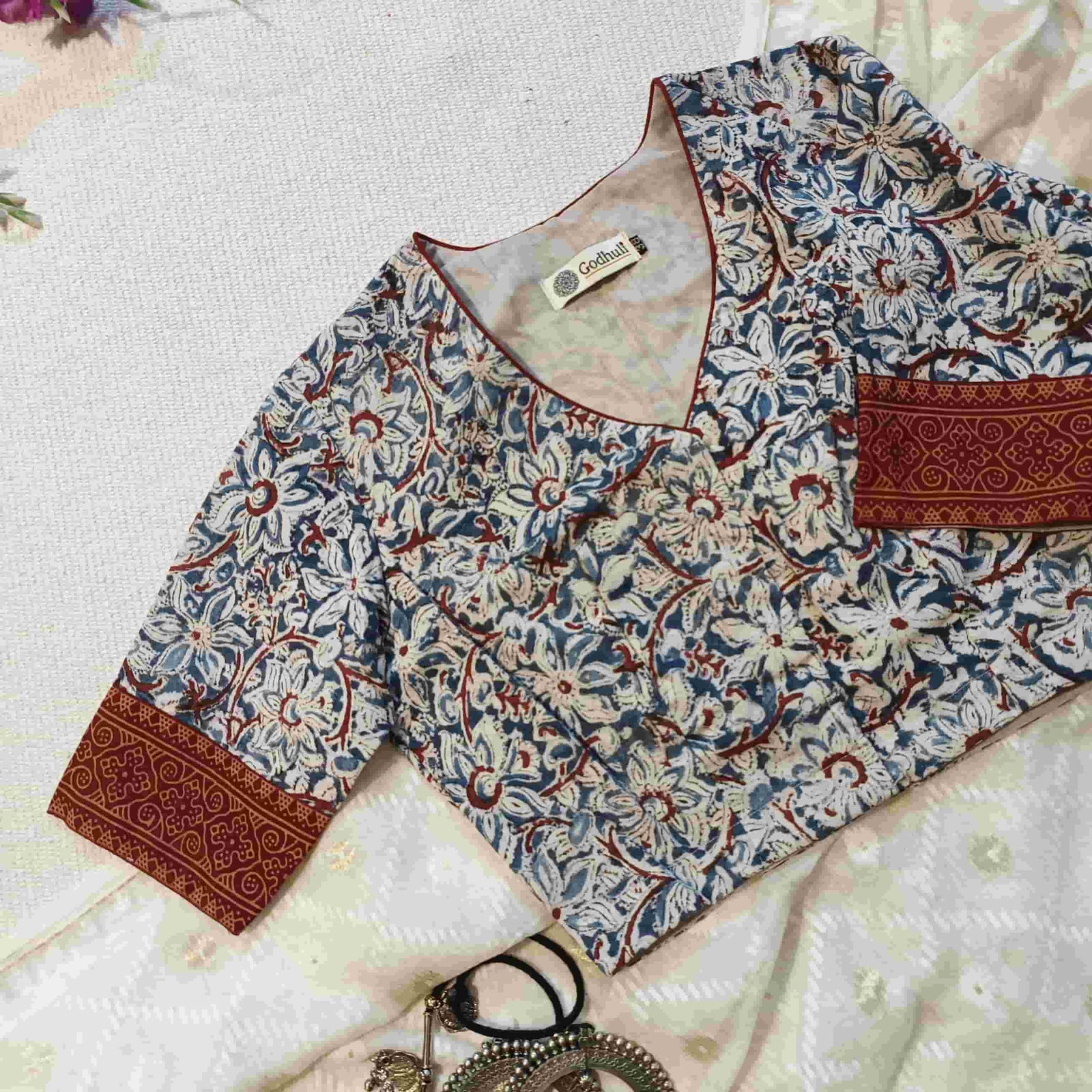 Indigo Blue Kalamkari Readymade Blouse | Godhuli