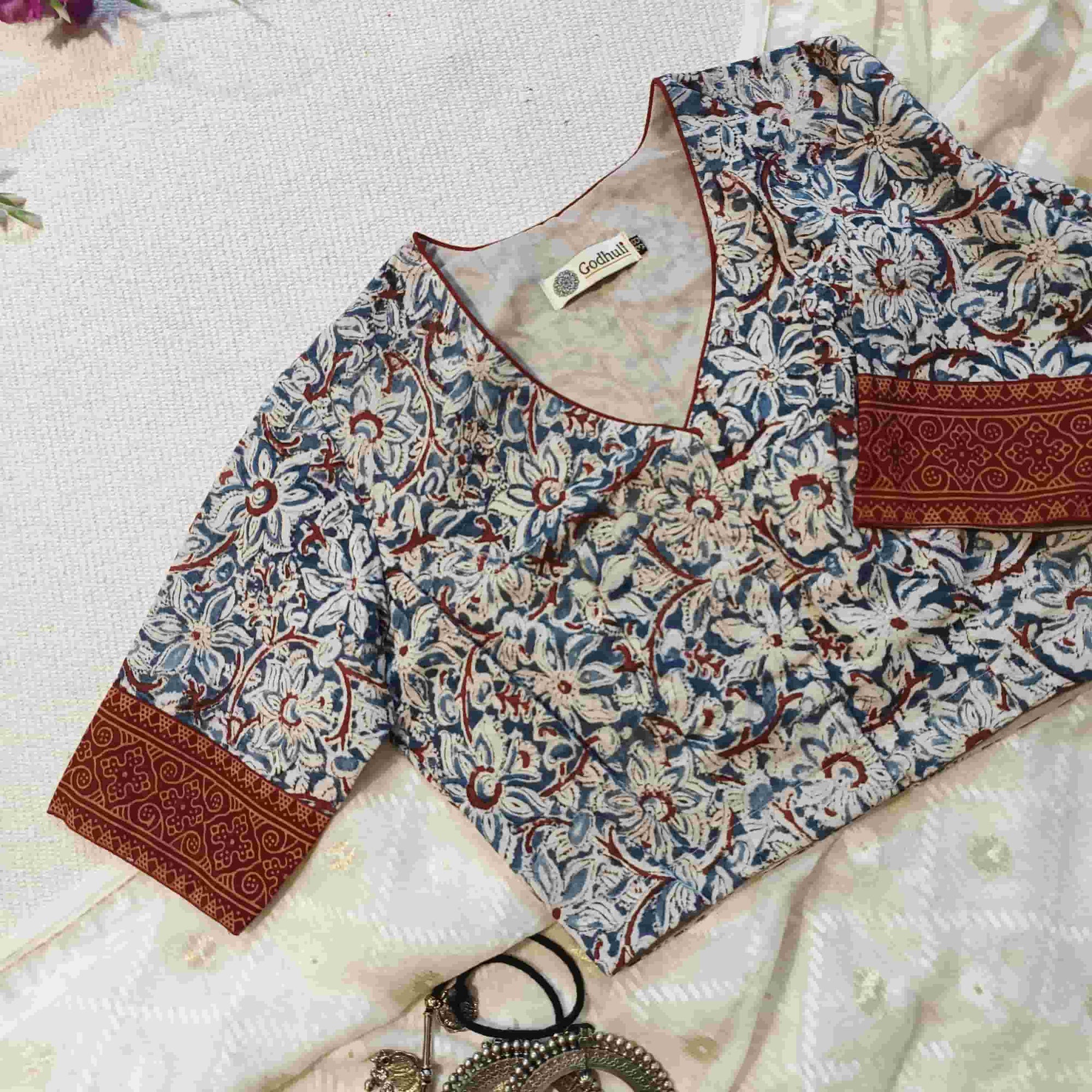 Indigo Blue Kalamkari Readymade Blouse | Godhuli