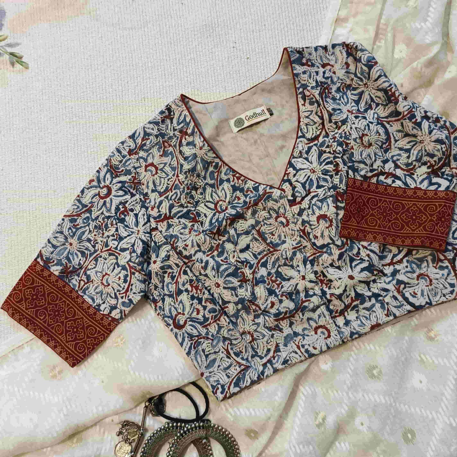 Indigo Blue Kalamkari Readymade Blouse | Godhuli