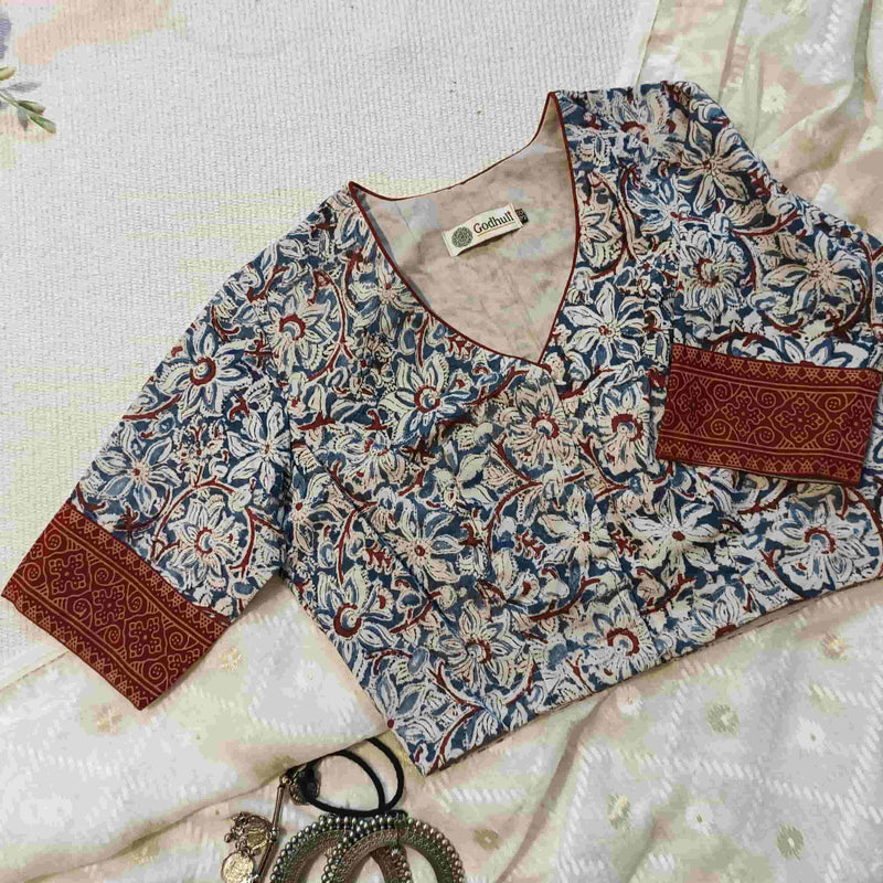Indigo Blue Kalamkari Readymade Blouse | Godhuli
