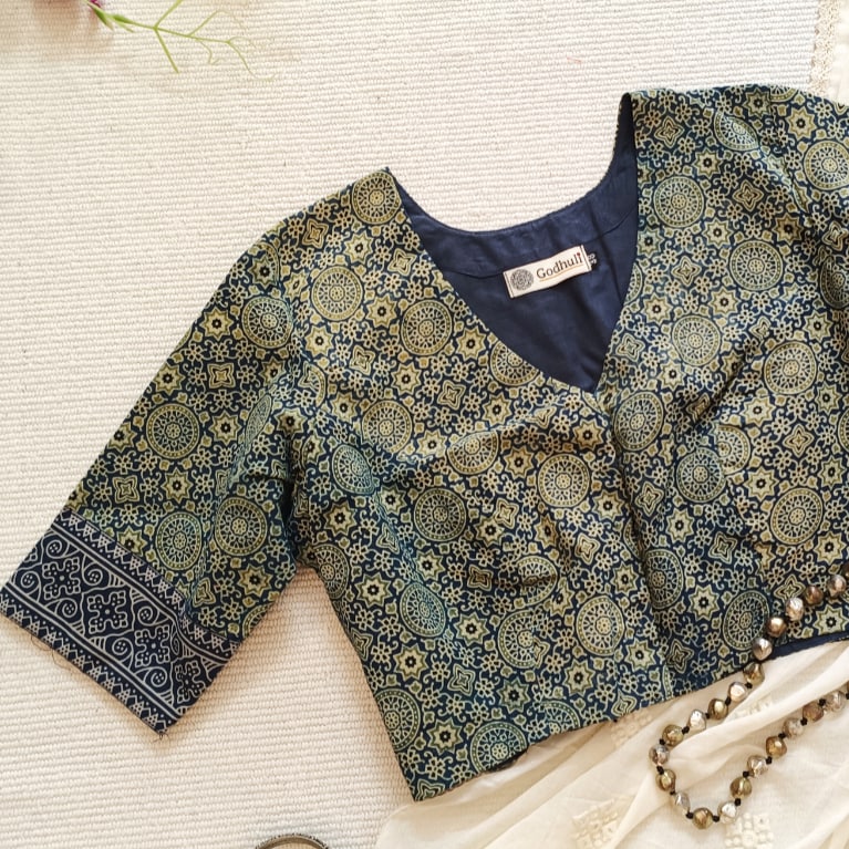 Indigo Cyan Colour Ajrakh Readymade Blouse | Godhuli