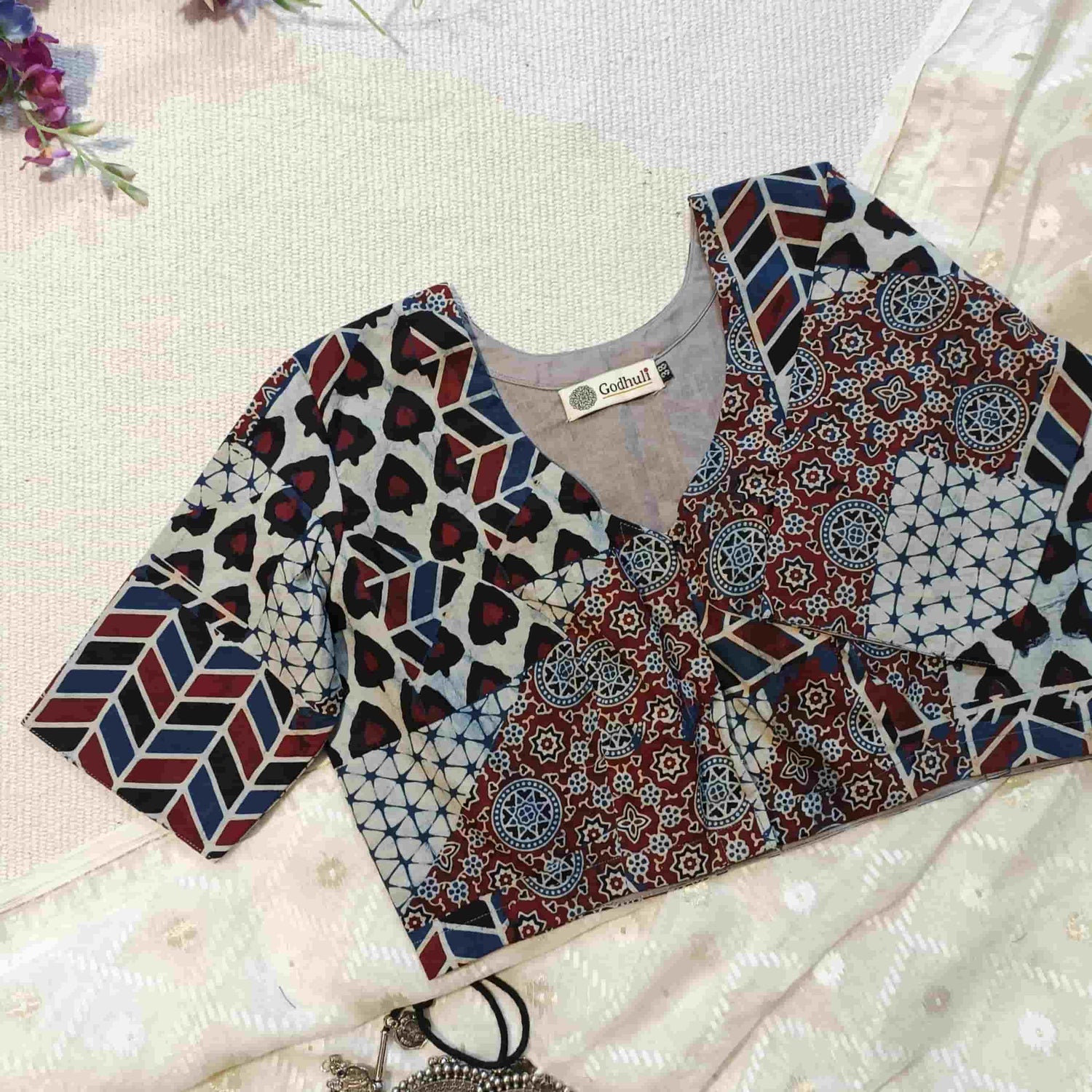 Indigo Maroon Abstract Ajrakh Readymade Blouse | Godhuli