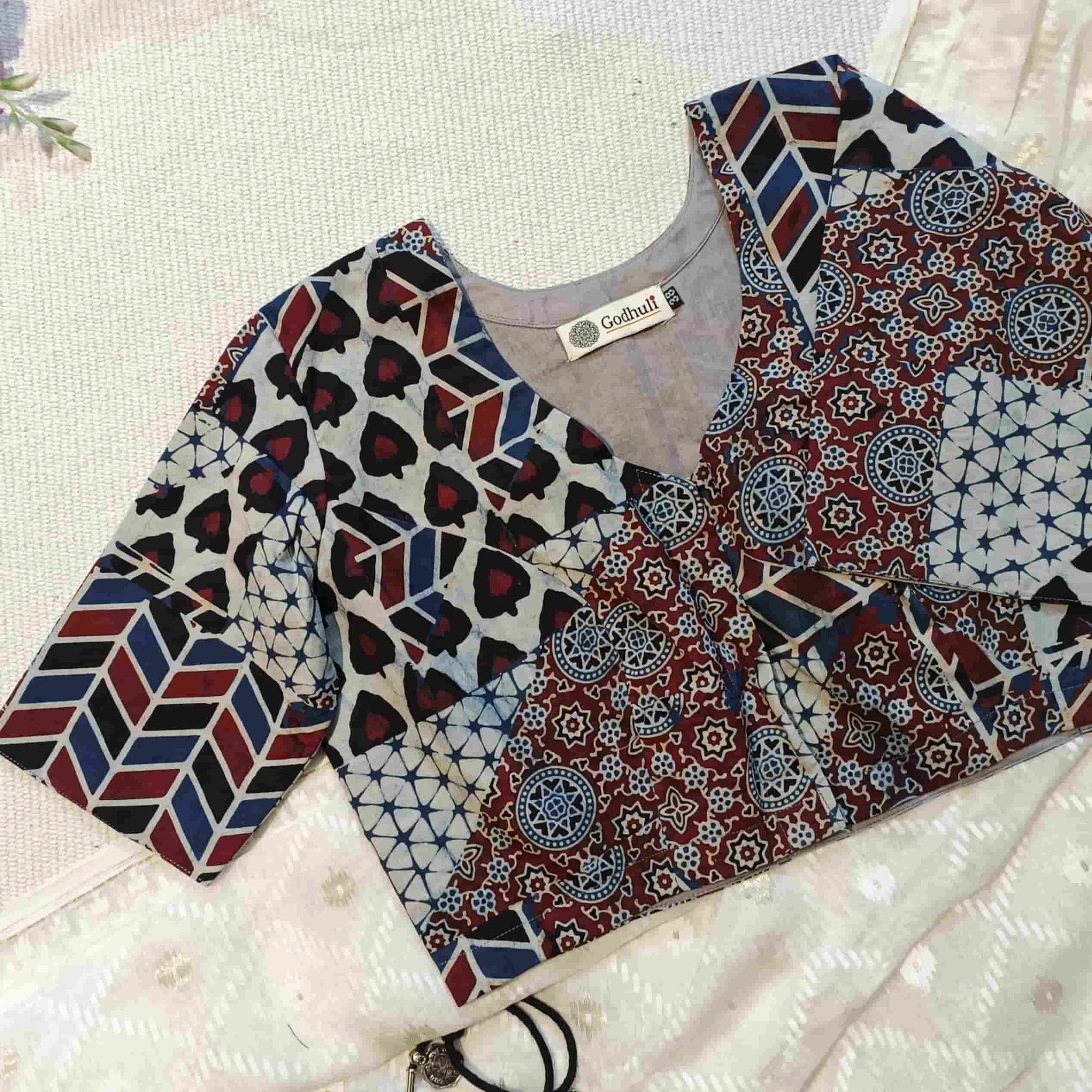 Indigo Maroon Abstract Ajrakh Readymade Blouse | Godhuli