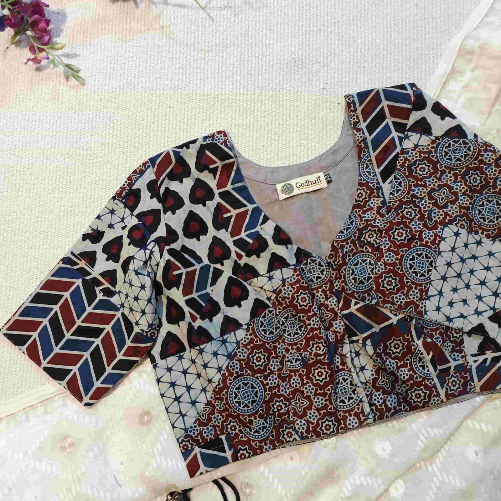 Indigo Maroon Abstract Ajrakh Readymade Blouse | Godhuli