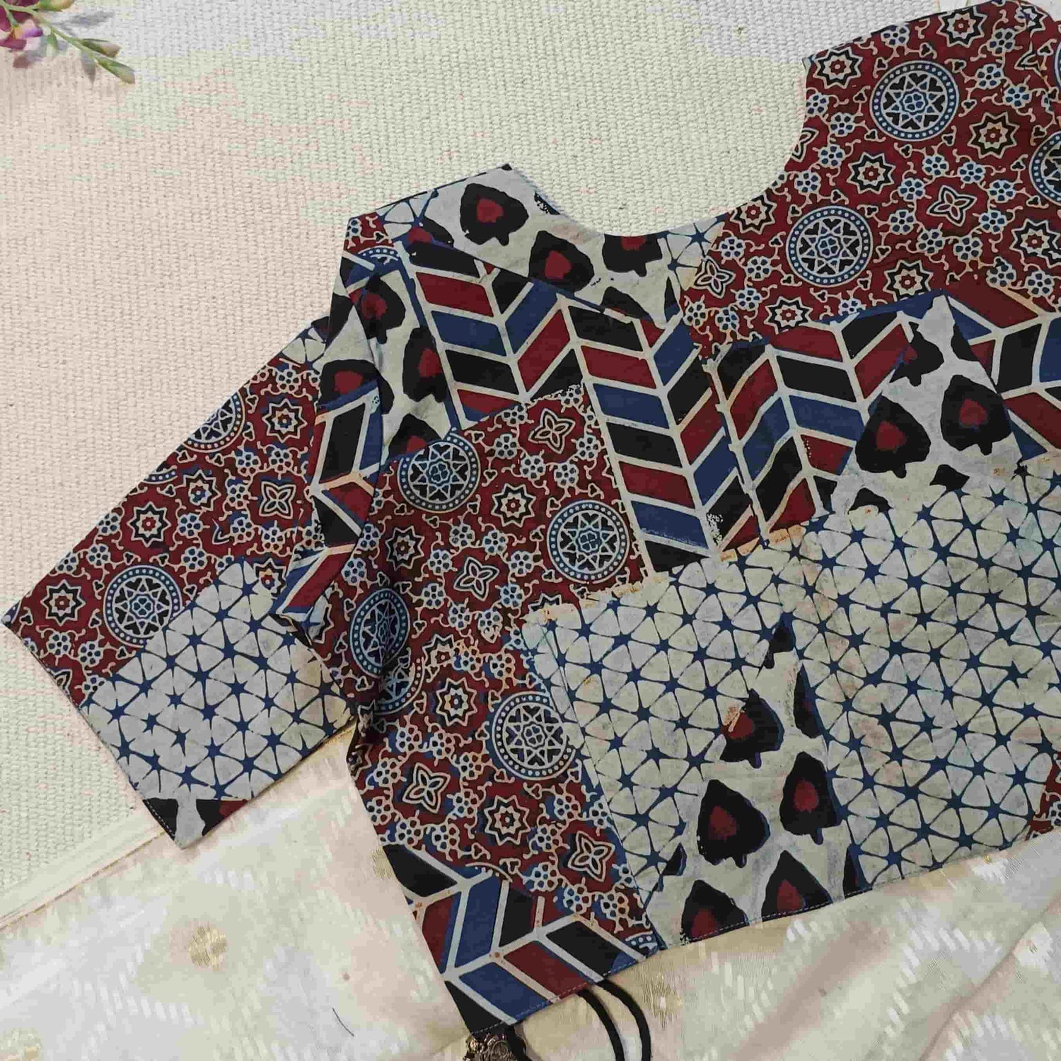 Indigo Maroon Abstract Ajrakh Readymade Blouse | Godhuli