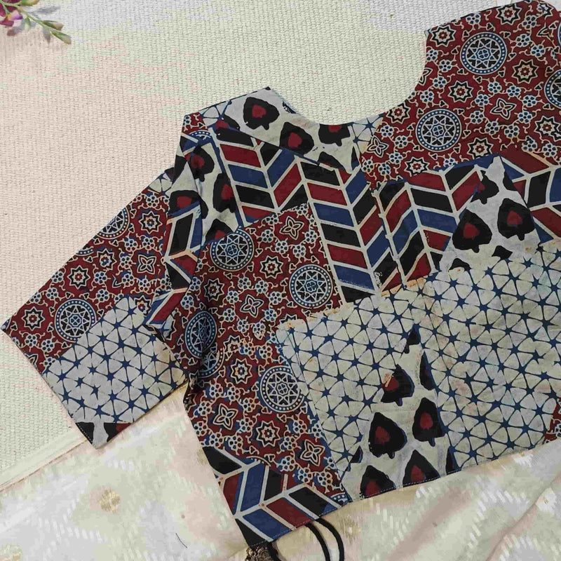 Indigo Maroon Abstract Ajrakh Readymade Blouse | Godhuli